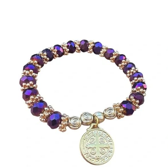 Purple and Gold Beaded Bracelet with St. Jude Charm - Picture 2 of 2